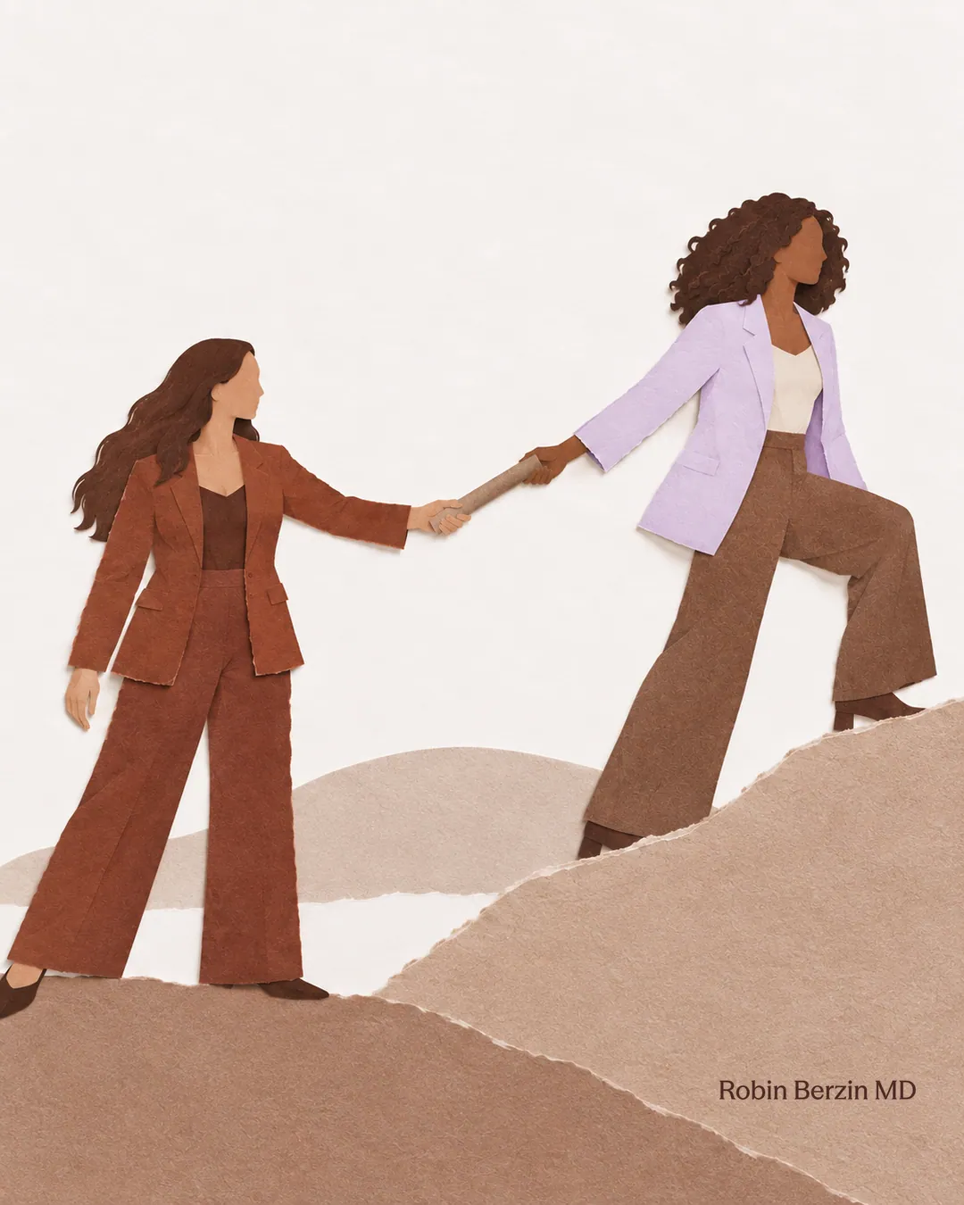 A physician passing a relay baton to a new leader while continuing forward on her own path.