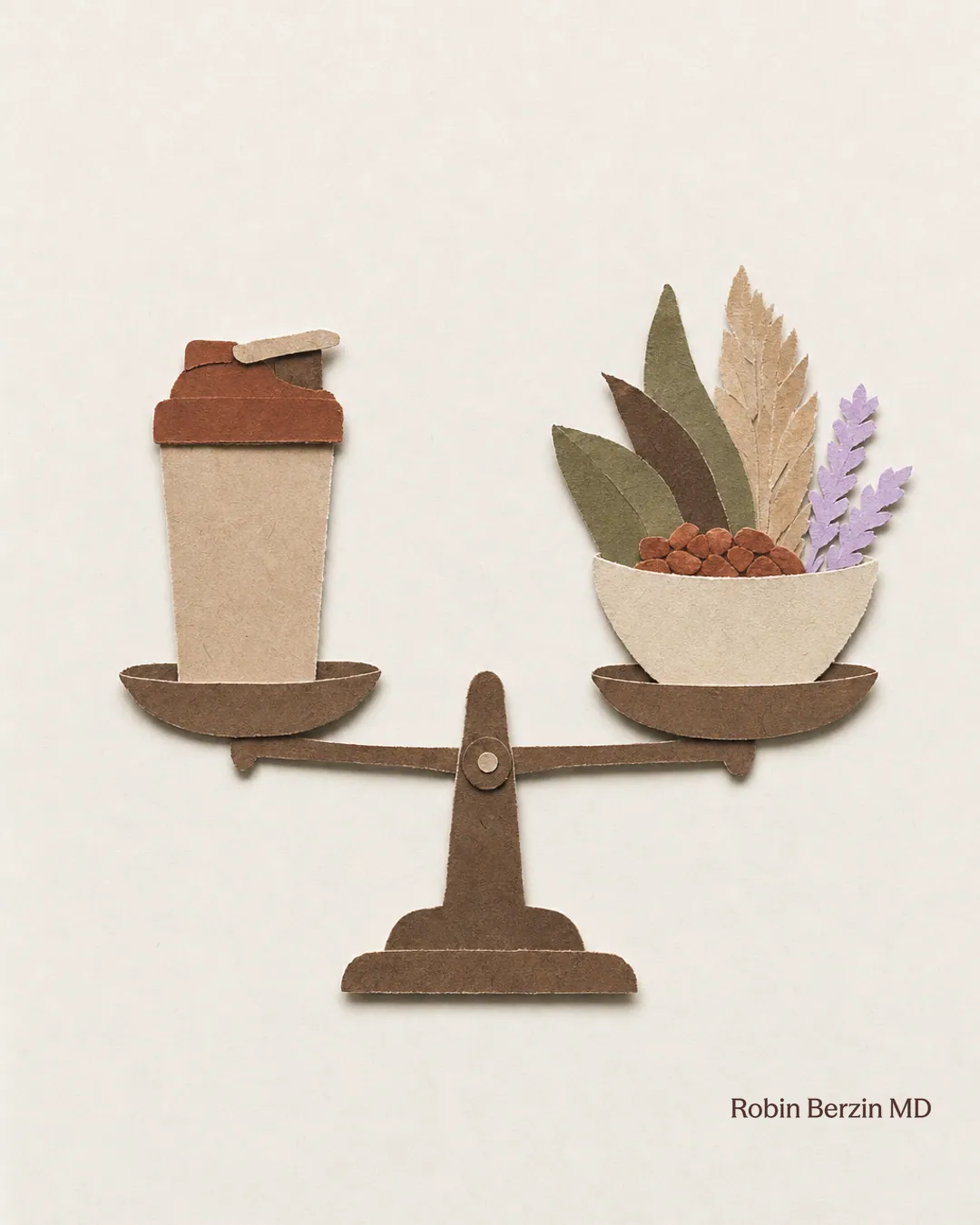 A protein shake and a bowl of fiber-rich plants balanced on opposite sides of a scale.
