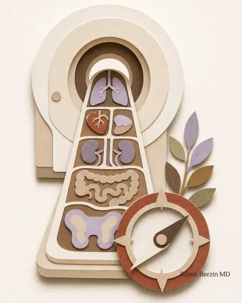 Should you get a full body MRI? editorial cut-paper collage illustration