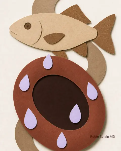 Golden fish-oil droplets coat a red blood cell beside a fish.