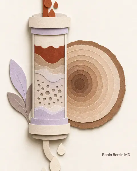 Plasmapheresis for Longevity: What the Research Shows editorial cut-paper collage illustration