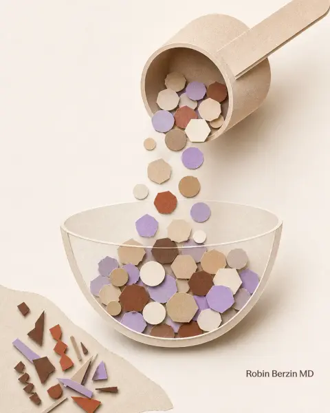 How to Choose a Protein Powder That Actually Works editorial cut-paper collage illustration