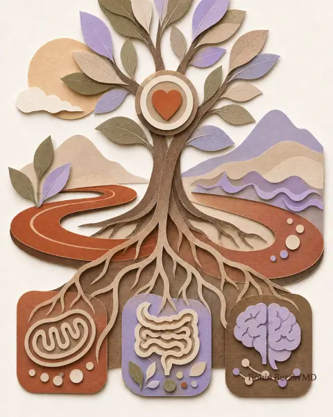 Rich Roll and I get to the root of your “feel like crap”syndrome editorial cut-paper collage illustration
